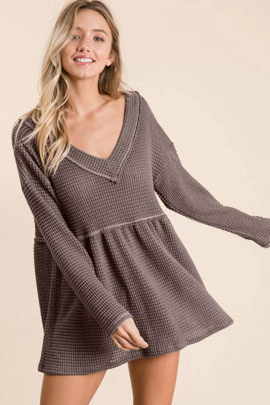 BiBi Waffle Knit V-Neck Babydoll Blouse Trendsi 6b5e04a6-ec22-4a15-845b-48ec66f96703-Max
