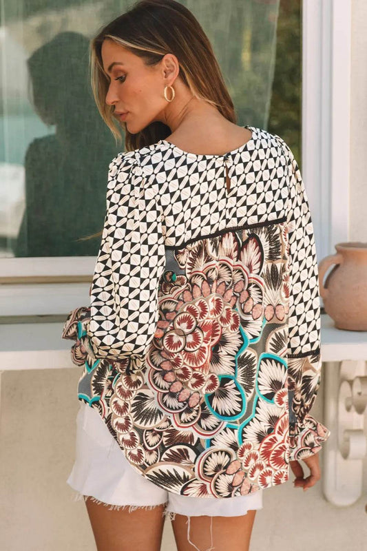 Mixed Floral Geometric Print Ruffled Long Sleeve Blouse Trendsi 6b709569566a4e23a97cf2acc20ce9ad-Max