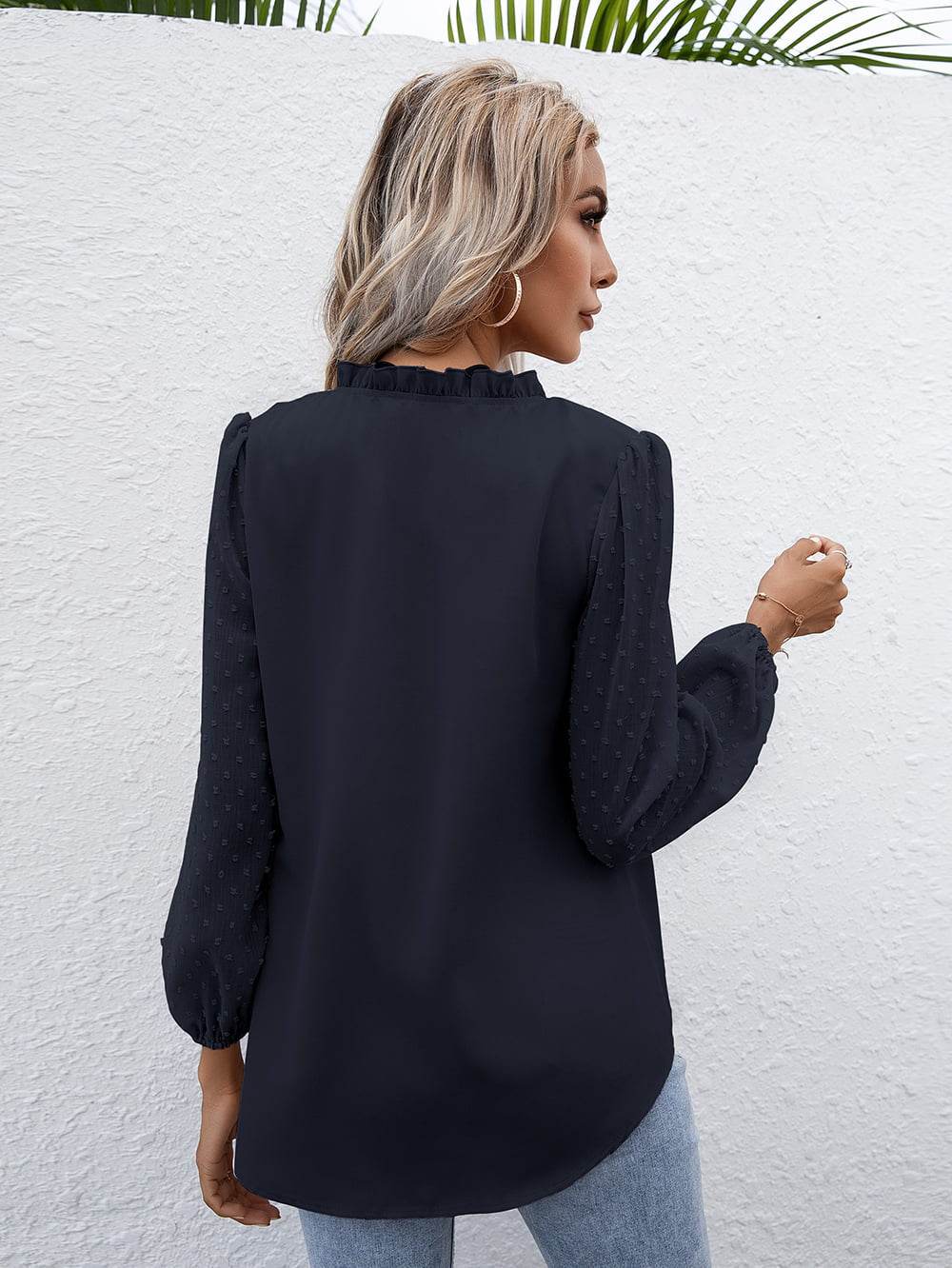 Ivy Lane Swiss Dot Frill Trim Puff Sleeve Blouse Trendsi 6b82fb8b94ce47caaad8119da7a756c5-Max