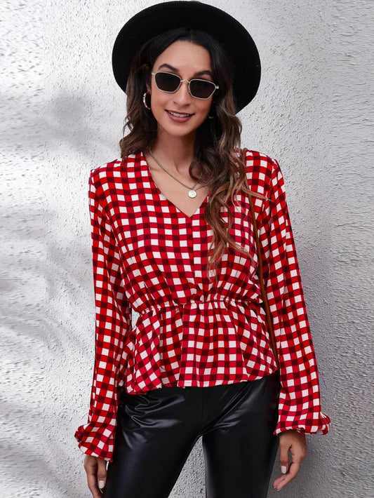 Plaid V-Neck Balloon Sleeve Peplum Blouse Deep Red Trendsi 6b94e67d09f64abfb3c7eb9b4ac8aa6c-Max