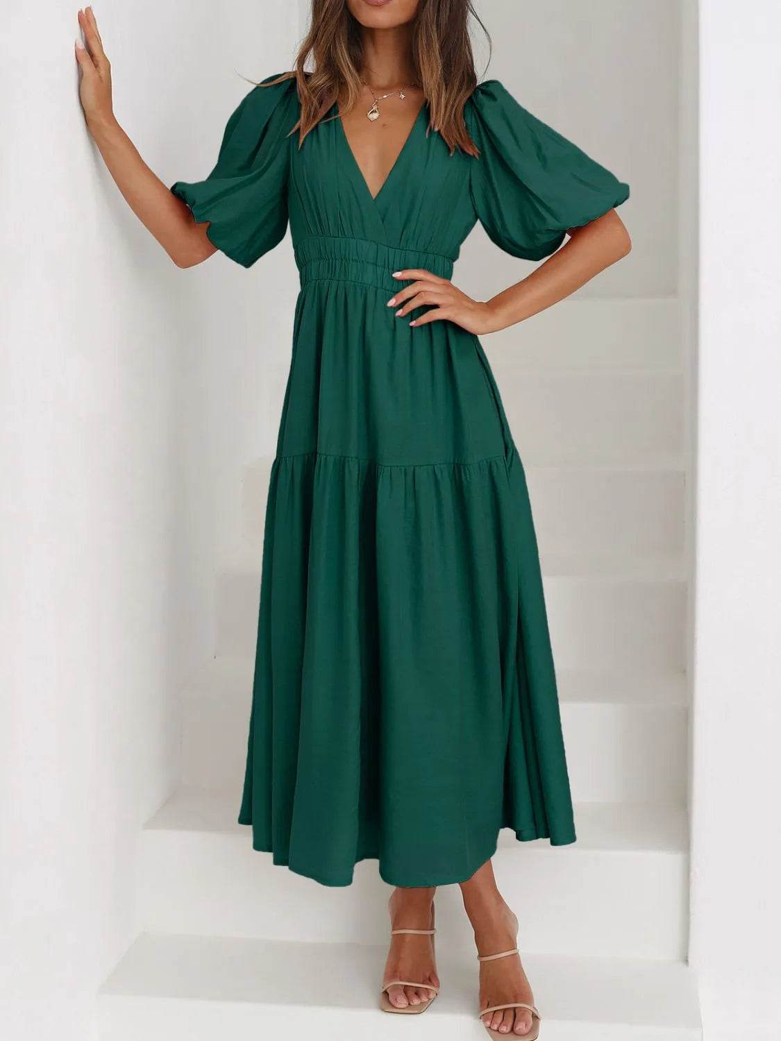 V-Neck Puff Sleeve Midi Dress Dark Green Trendsi 6bb2e8a0-3690-48de-a914-a9009f02f982-Max-Origin