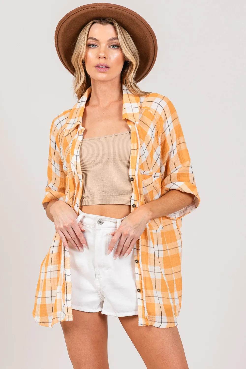 SAGE + FIG Plaid Button Up Side Slit Shirt APRICOT Trendsi 6bc42931-d911-4efb-bfe6-0cbb76e2824c-Max