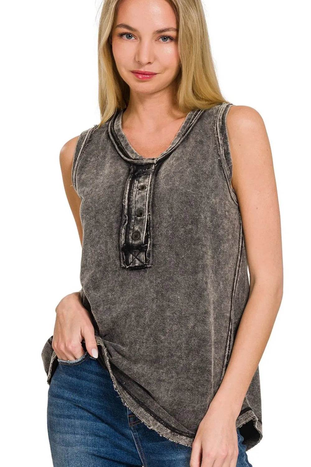 Zenana Washed Half-Button Raw Edge Sleeveless Henley Top ASH BLACK Trendsi 6bcbdb96-a376-4b62-9f8e-6ac35e6be1d1-Max-Origin