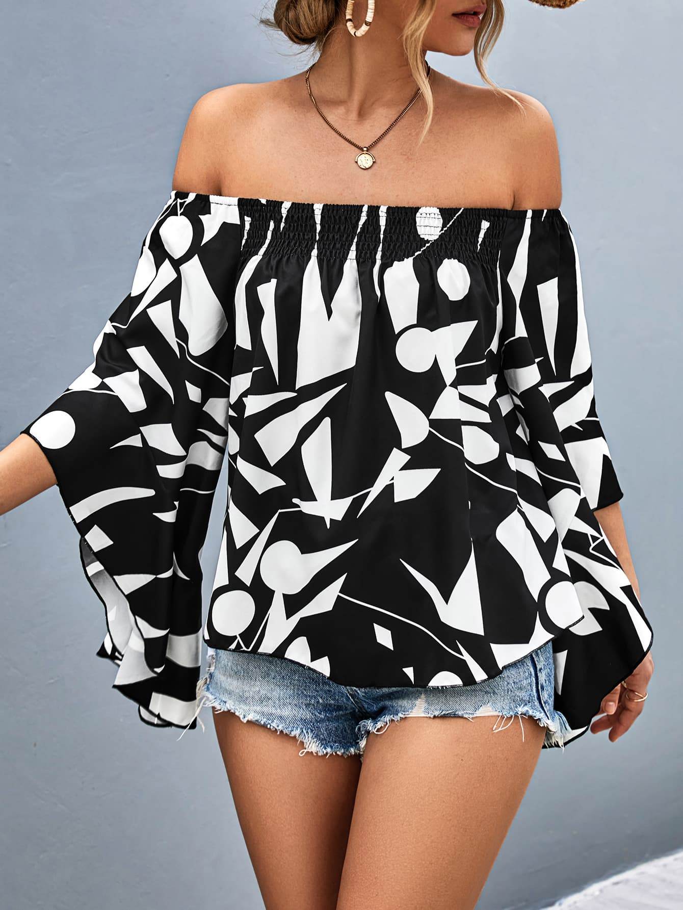 Printed Off-Shoulder Bell Sleeve Blouse Trendsi 6c0086747a054d16bb3f648a932222ce-Max