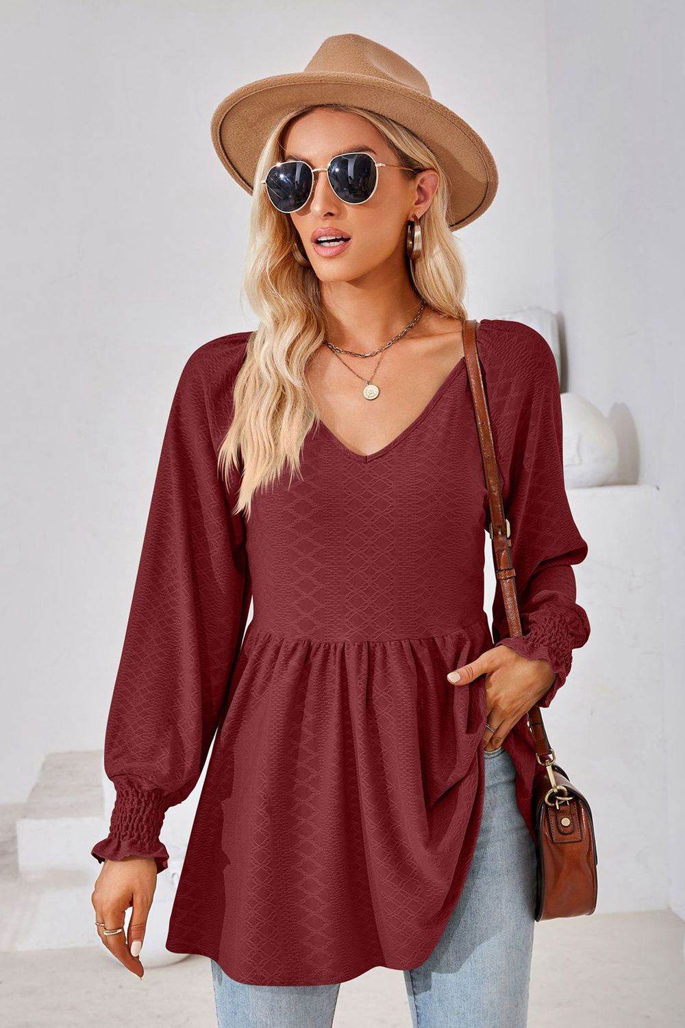 V-Neck Lantern Sleeve Blouse Burgundy Trendsi 6c08d54d54d74f12b67d7cc0ec923b7e-Max