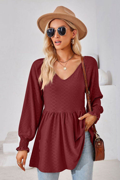 V-Neck Lantern Sleeve Blouse Burgundy Trendsi 6c08d54d54d74f12b67d7cc0ec923b7e-Max