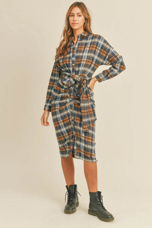 Mable Plaid Flannel Front Tie Button Down Shirt Dress Camel Trendsi 6c100474-9f5a-4eb7-8554-7df2d50abe31-Max