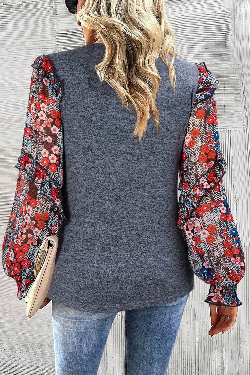 Heathered Floral Frill Lantern Sleeve Blouse Trendsi 6c2d9949-8f9a-4c4a-aec2-1a0a18795477-Max