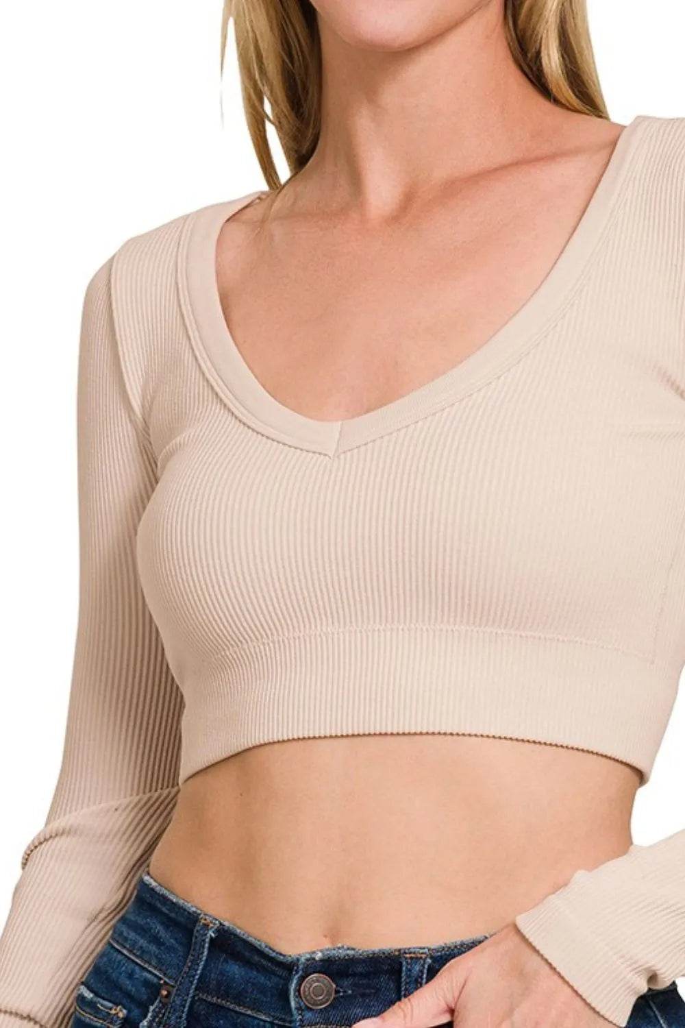 Zenana Seamless Fitted Rib V-neck Long Sleeve Crop Top Trendsi 6c33682b-988a-4cfe-b558-28d32e4649b1-Max-Origin