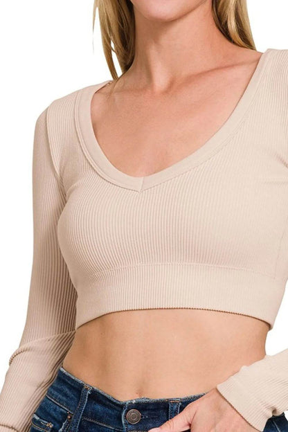 Zenana Seamless Fitted Rib V-neck Long Sleeve Crop Top Trendsi 6c33682b-988a-4cfe-b558-28d32e4649b1-Max-Origin