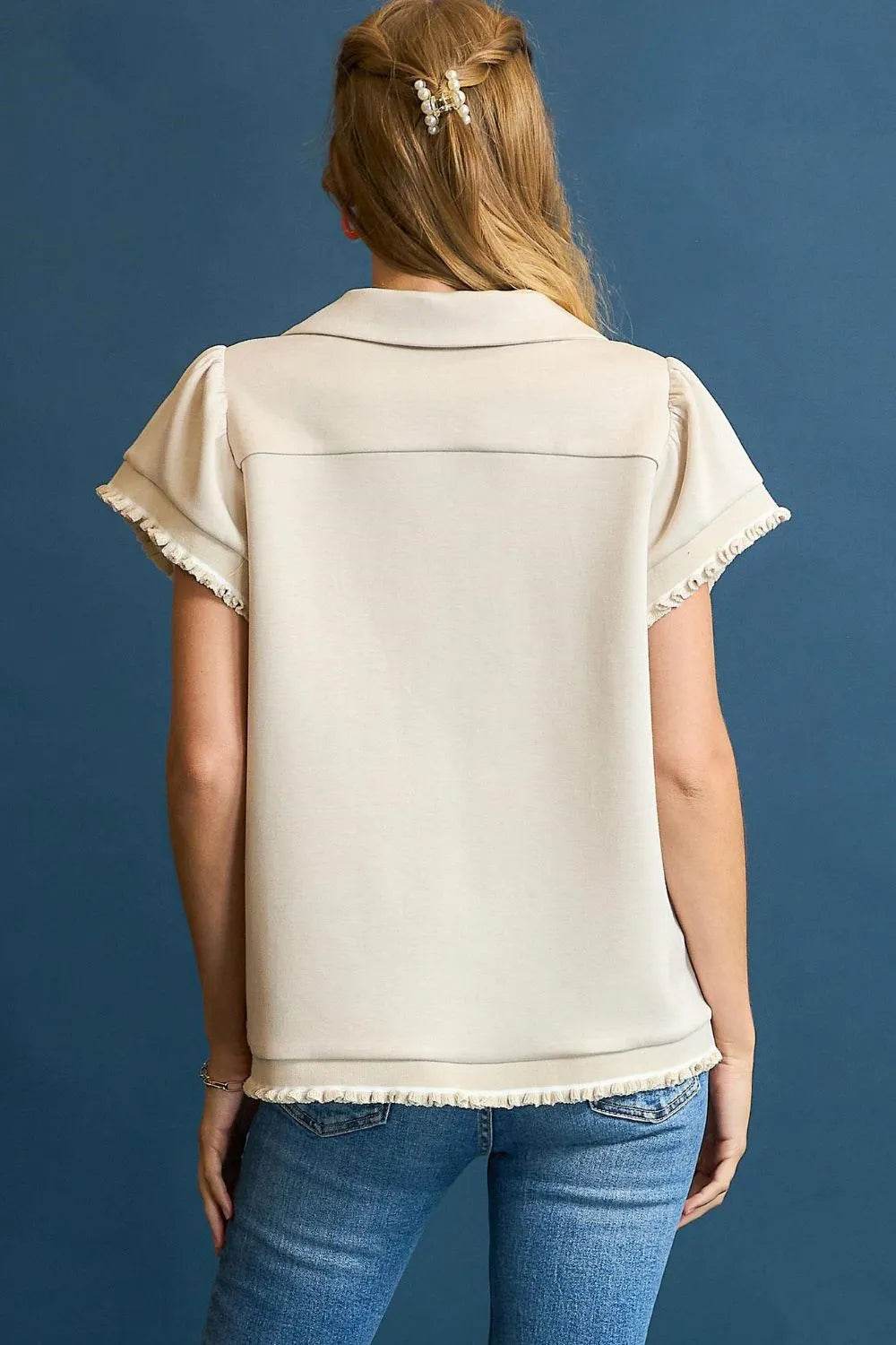 Umgee Frill Hem Half-Zip Collared Blouse Trendsi 6c5028d7-65d0-49d5-ad7b-d41092fc03b4-Max-Origin