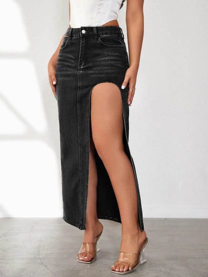 High Rise Slit Denim Skirt Black Trendsi 6c5054b0-b9d6-4919-8467-1c017c96d9d5-Max