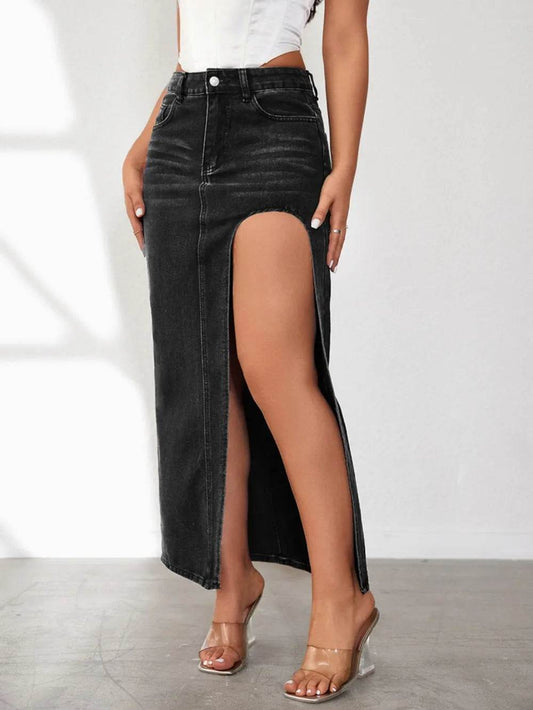 High Rise Slit Denim Skirt Black Trendsi 6c5054b0-b9d6-4919-8467-1c017c96d9d5-Max