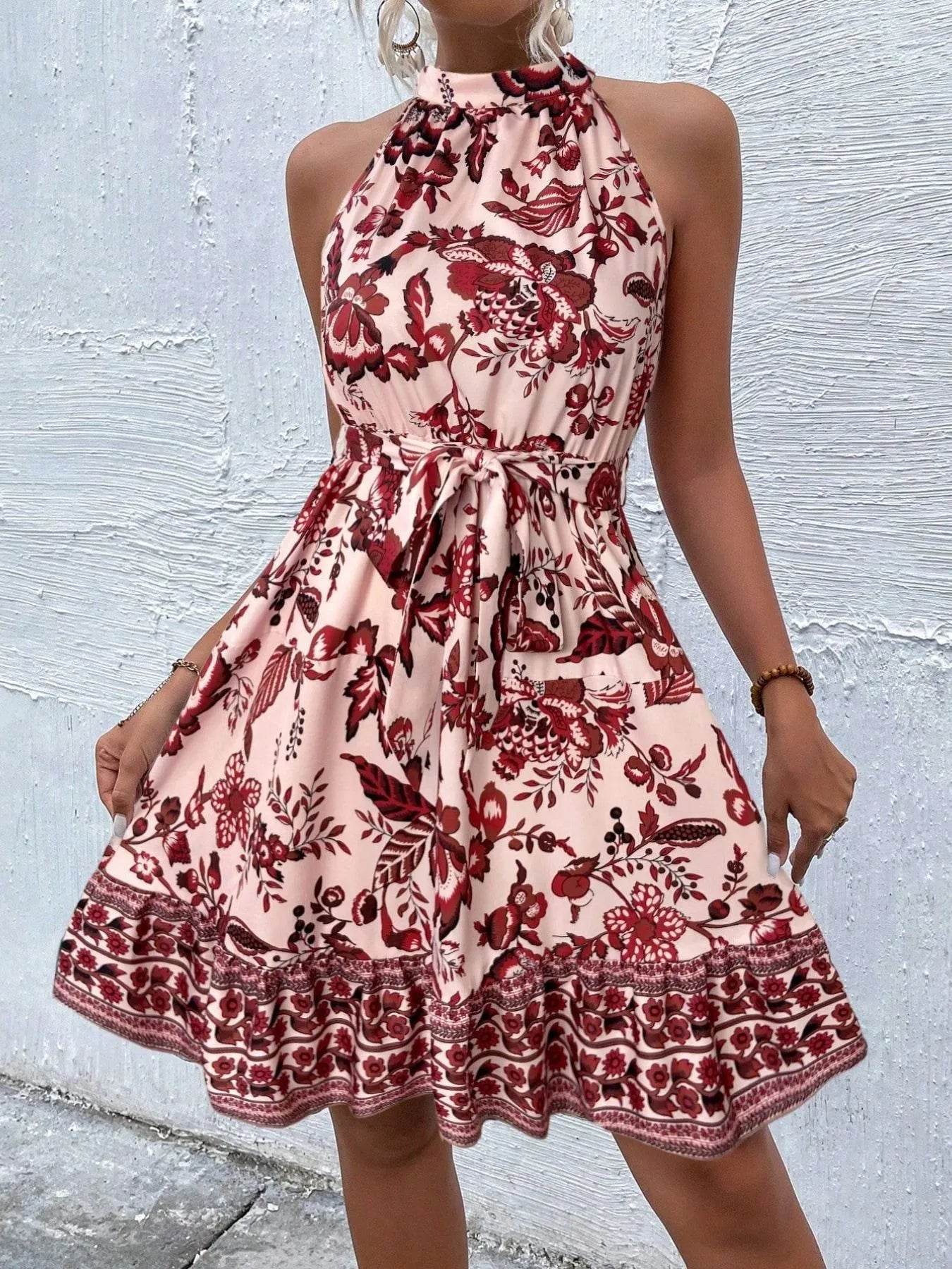 Floral Halter Neck Summer Dress with Belt Trendsi 6c593fa6-d5c1-4e23-a893-6b578ac3d655-Max-Origin