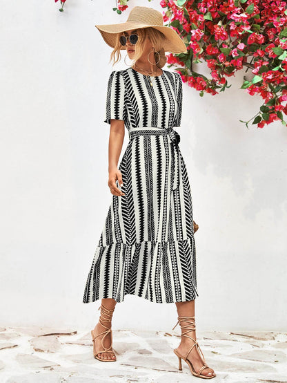 Striped Tie Belt Round Neck Puff Sleeve Dress Trendsi 6c8aba0400354c56b4a6b23ba56d4e85-Max