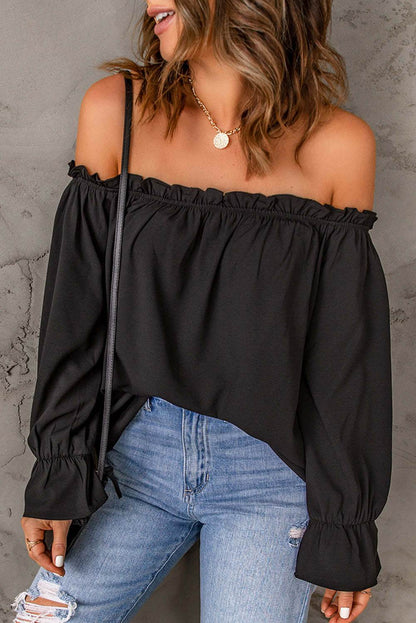 Off-Shoulder Flounce Sleeve Blouse Black Trendsi 6cebbcb659f5403194f9eb819a3df7ee-Max