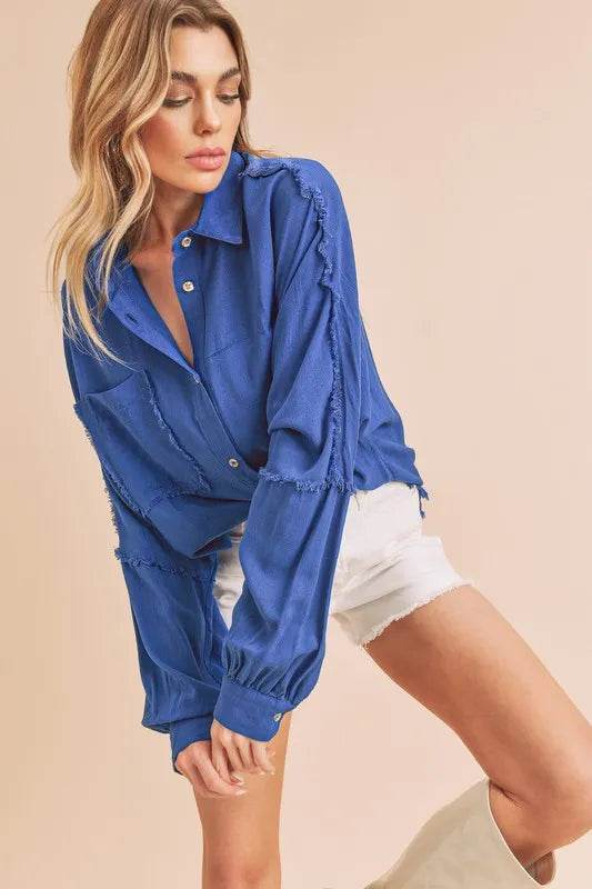 Aemi + Co Raw Edge Exposed Seam Collared Neck Long Sleeve Shirt Trendsi 6cf24896-feee-4e98-9251-509fa313e1a5-Max