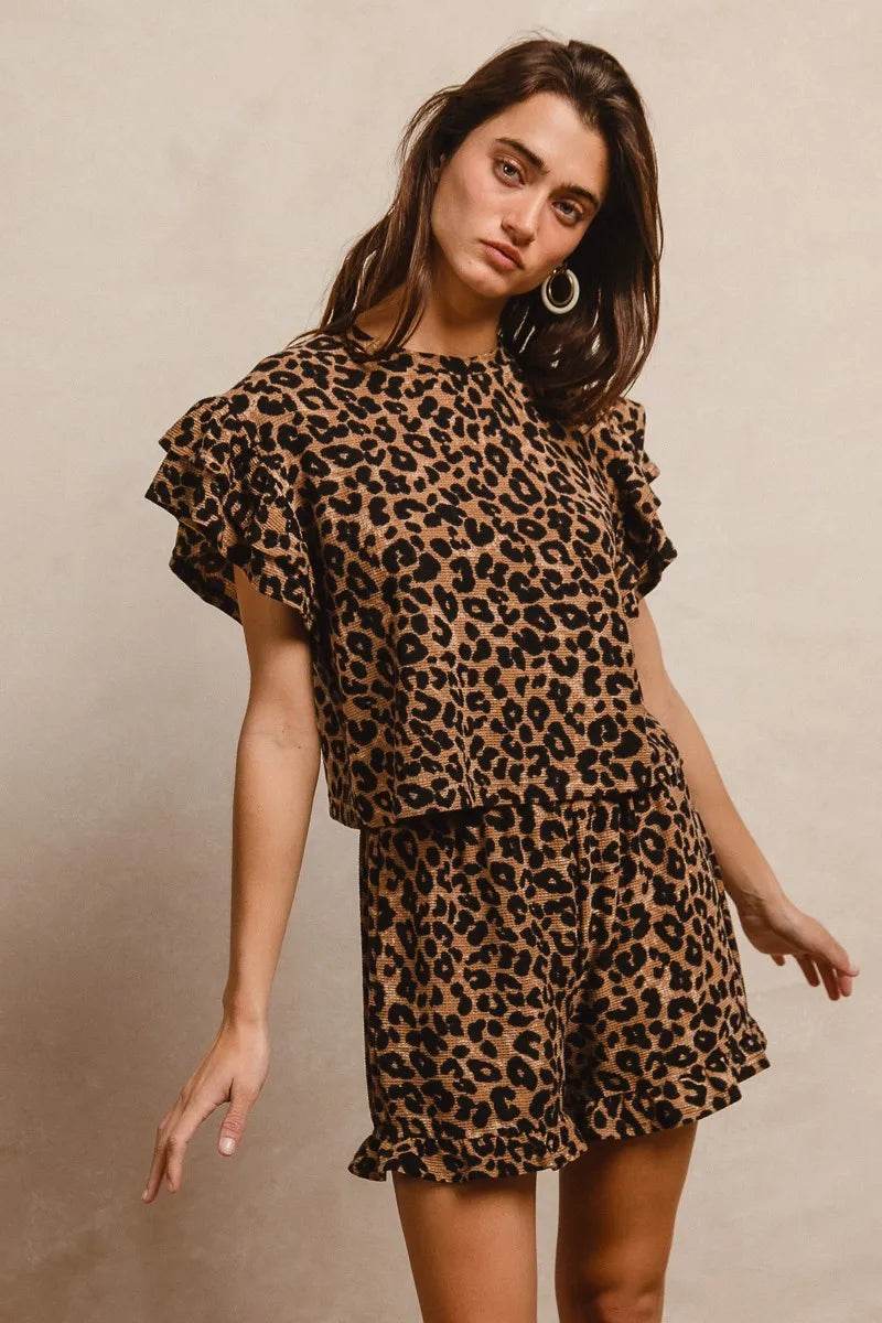 BiBi Leopard Print Waffle Texture Layered Ruffle Sleeve Top and Shorts Set TAUPE BLACK Trendsi 6d00eb8fd5a44dd4937faa3c00ab51f1-Max-Origin