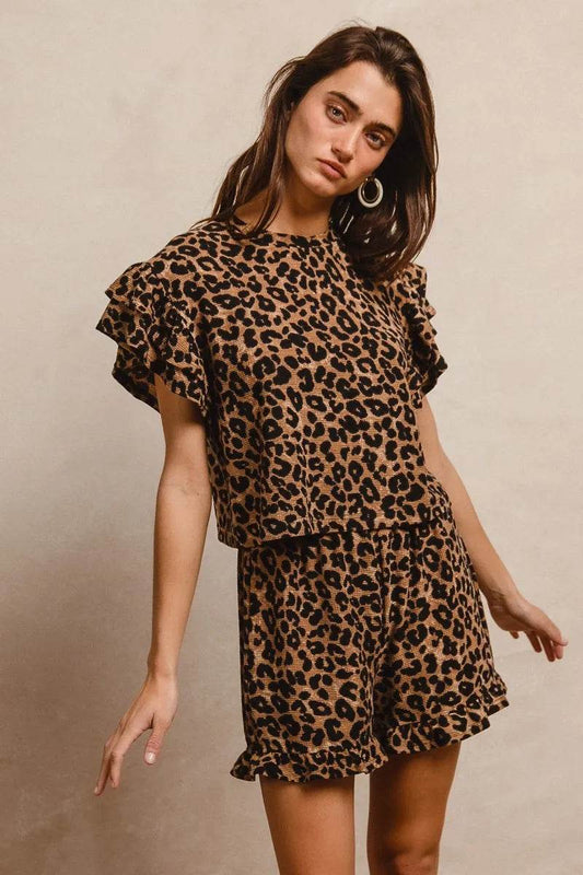BiBi Leopard Print Waffle Texture Layered Ruffle Sleeve Top and Shorts Set TAUPE BLACK Trendsi 6d00eb8fd5a44dd4937faa3c00ab51f1-Max-Origin