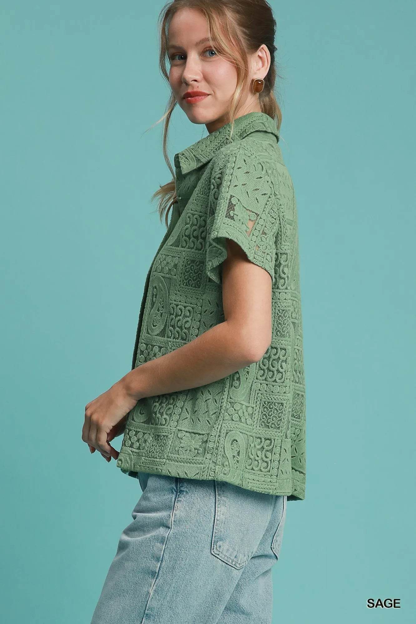 Umgee Patch Lace Short Sleeve Button Down Shirt Trendsi 6d040d53-7b7d-4b82-896f-c20d89da9c44-Max-Origin