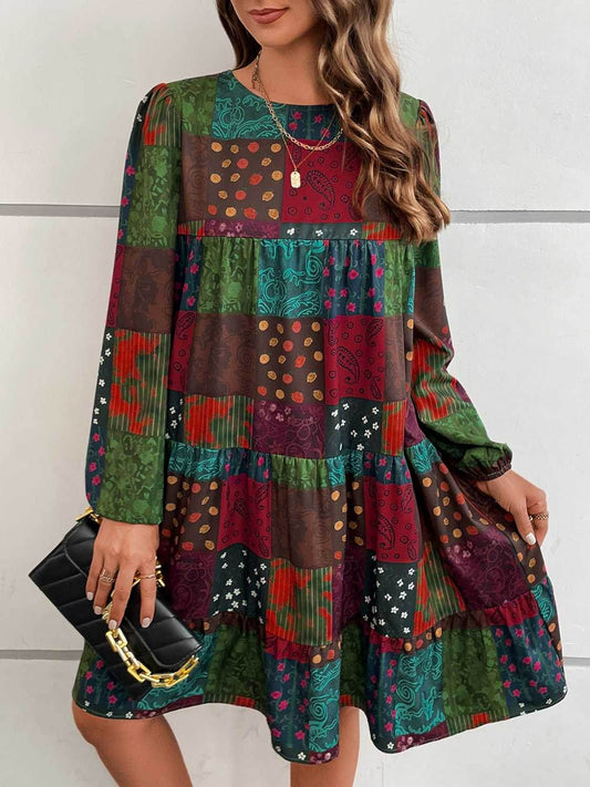 Patchwork Round Neck Long Sleeve Dress Multicolor Trendsi 6d3d8802dd6f4c66a3c73f6cf9294303-Max