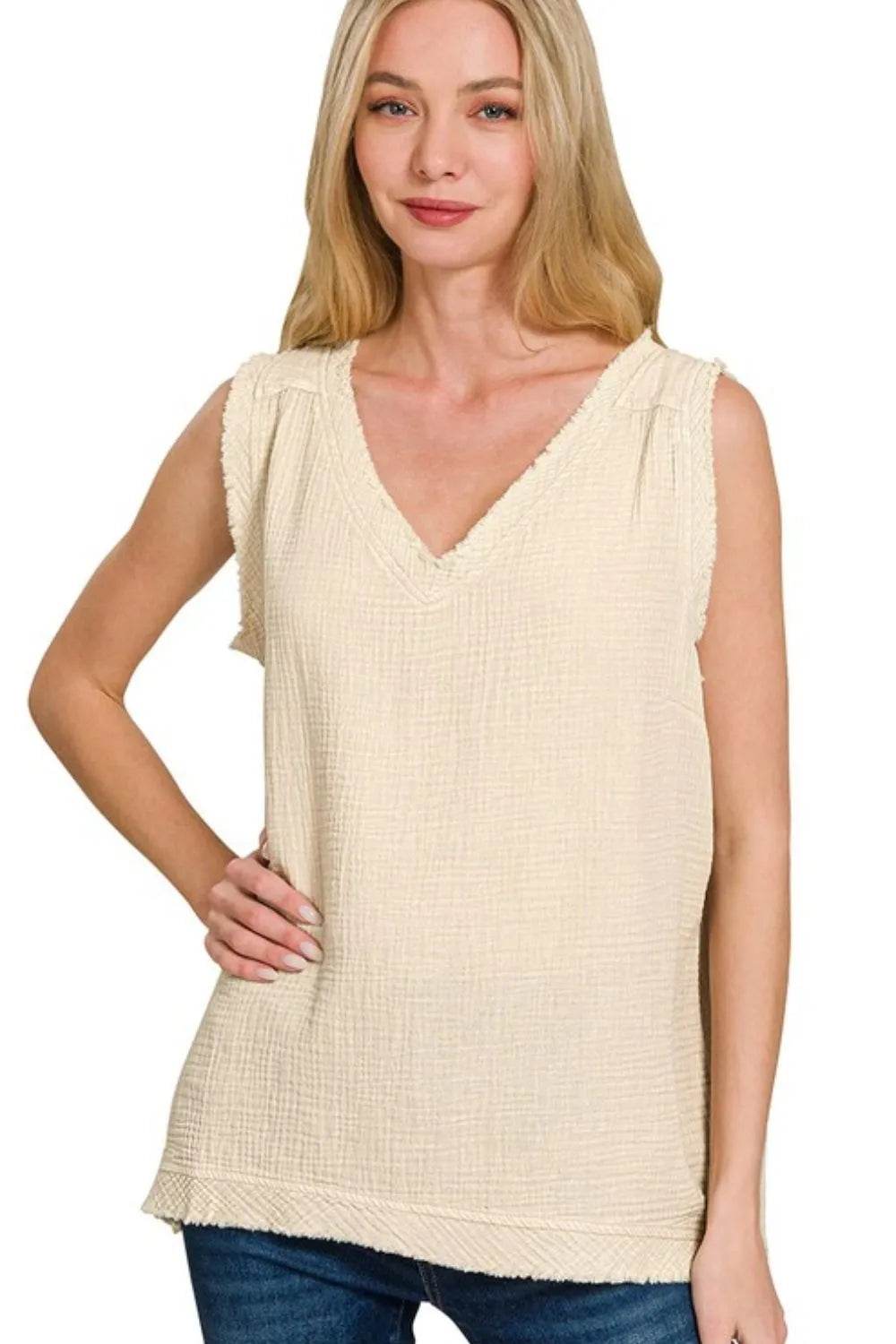 Zenana Double Gauze Raw Edge Acid Washed Tank SAND BEIGE Trendsi 6d557127-c71f-46cf-9cec-c27f53bb0295-Max-Origin