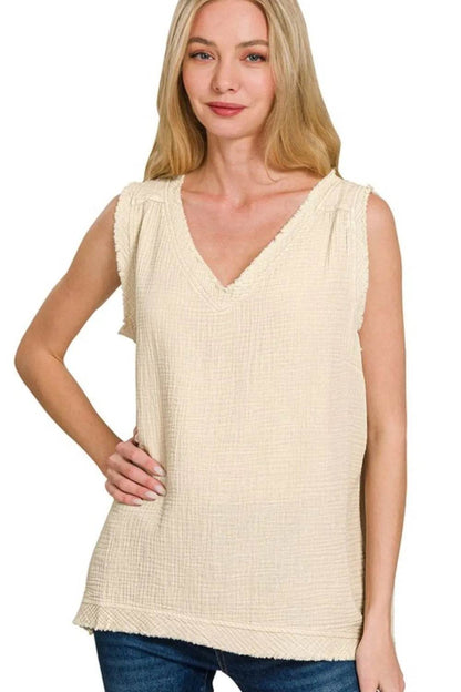 Zenana Double Gauze Raw Edge Acid Washed Tank SAND BEIGE Trendsi 6d557127-c71f-46cf-9cec-c27f53bb0295-Max-Origin