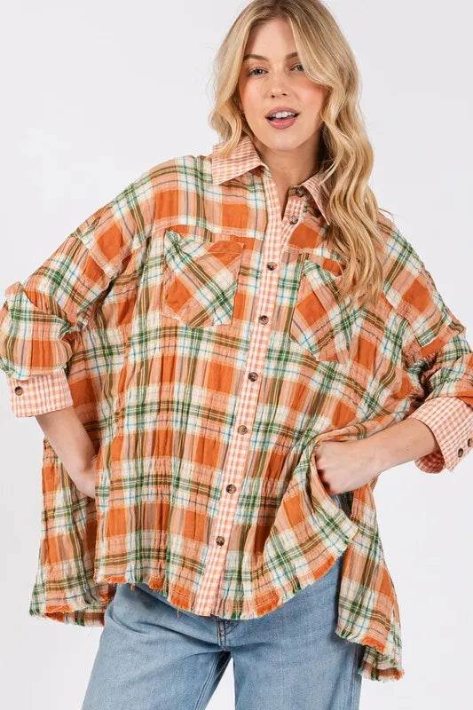 SAGE + FIG Side Slit Plaid Button Down Long Sleeve Shirt Savanna Trendsi 6d5aa8e3-df04-460a-9808-f603ed7b8b53-Max