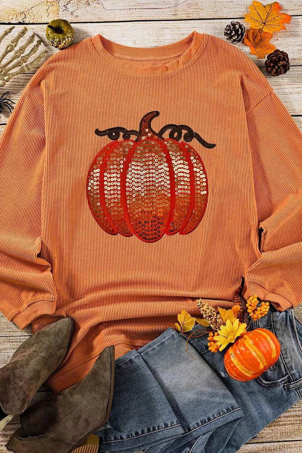 Sequin Pumpkin Round Neck Long Sleeve Sweatshirt Trendsi 6d5e1f3c-ba70-493d-8527-55f98d08a337-Max