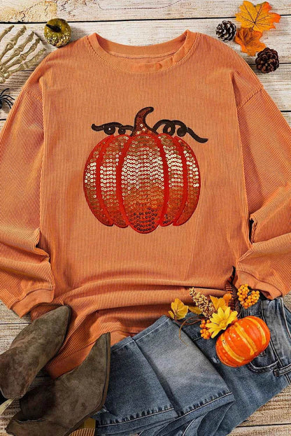 Sequin Pumpkin Round Neck Long Sleeve Sweatshirt Trendsi 6d5e1f3c-ba70-493d-8527-55f98d08a337-Max