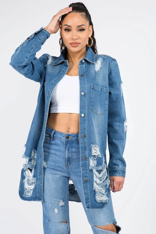 American Bazi Distressed Button Down Denim Shirt Jacket Medium Blue Trendsi 6dff7598-d222-4289-8dba-5084f6d1873f-Max