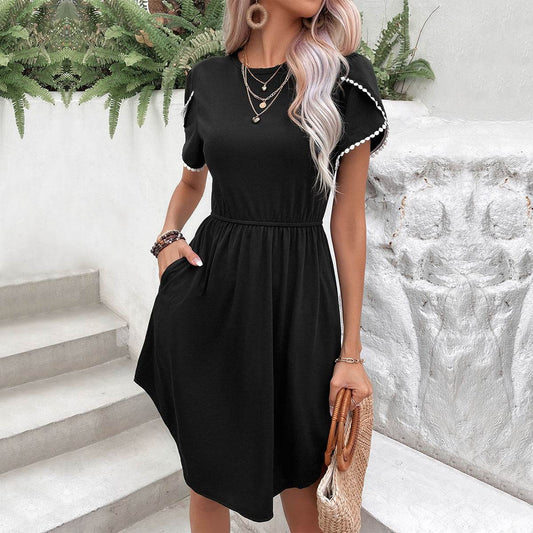 Perfee Round Neck Petal Sleeve Dress with Pockets Trendsi 6e54aa6a9b964da496cdc676447c1adc-Max