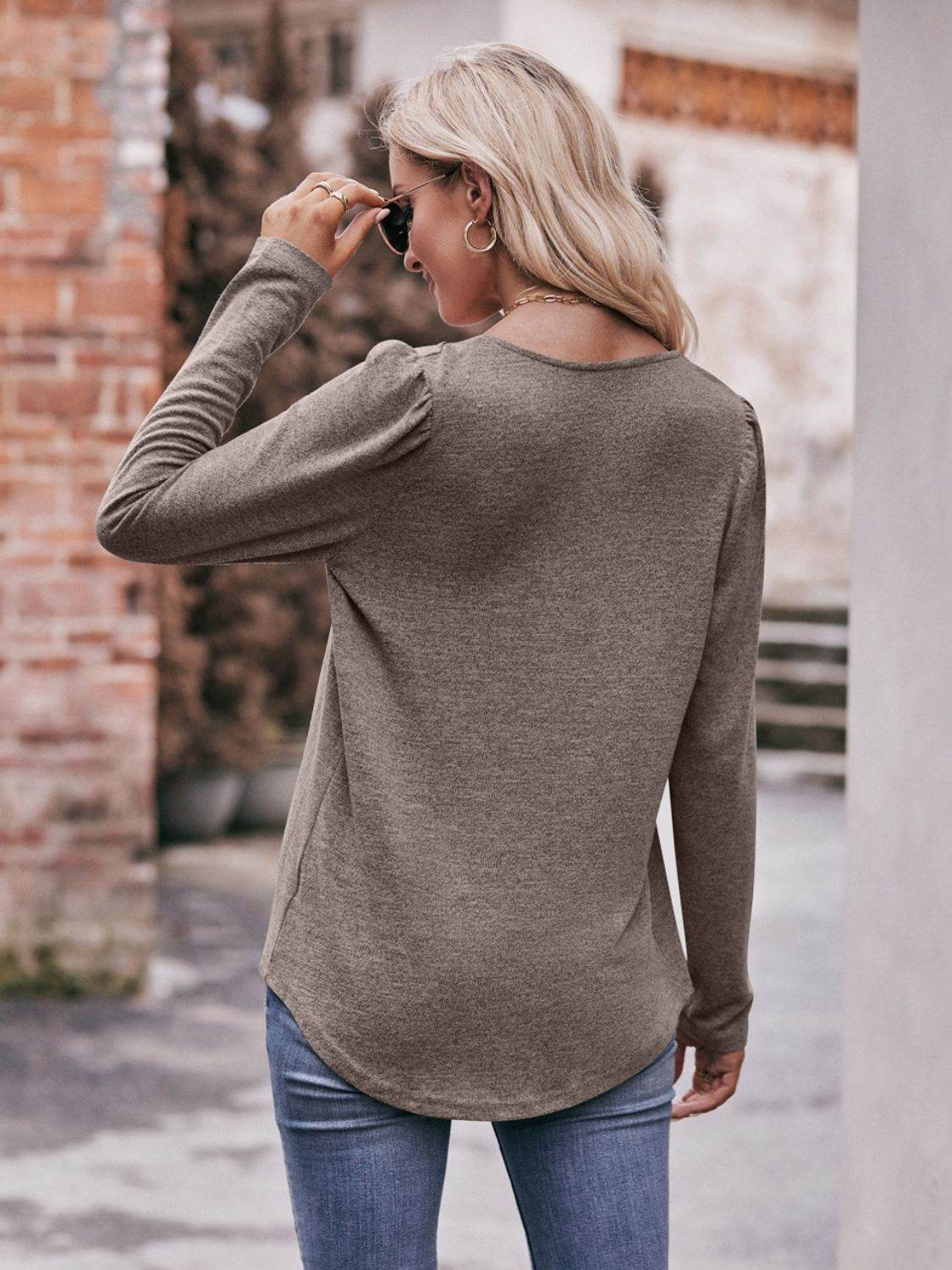 Mandy Pleated Detail Curved Hem Long Sleeve Top Trendsi 6e650b282d03437fbf2664fb0e1c582d-Max
