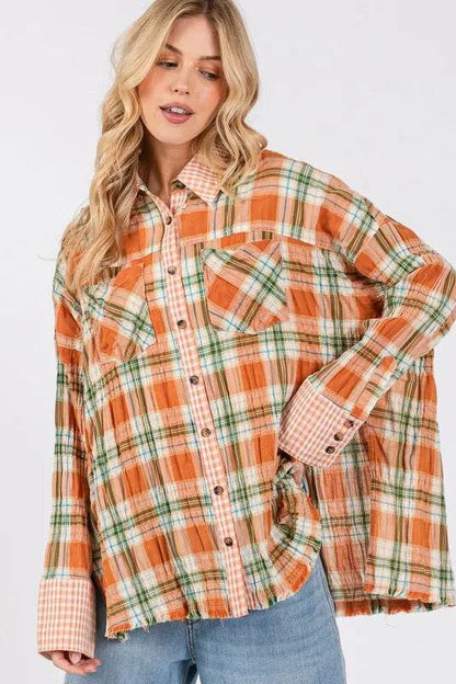 SAGE + FIG Side Slit Plaid Button Down Long Sleeve Shirt Trendsi 6ea70cd4-edf4-45ad-91ad-bd1f5f2e56c6-Max