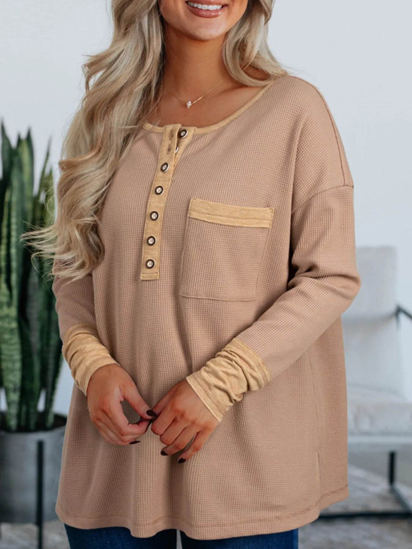 Waffle Textured Tunic Henley Top with Slits Dark Khaki Trendsi 6ee69a14-b32b-4b69-8322-4f44a1863a1d-Max-Origin