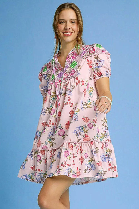 Umgee Floral Print Tie Neck Puff Sleeve Dress Pink Trendsi 6ee9c280-87cb-43ff-aa4d-b9c2df0cc506-Max-Origin