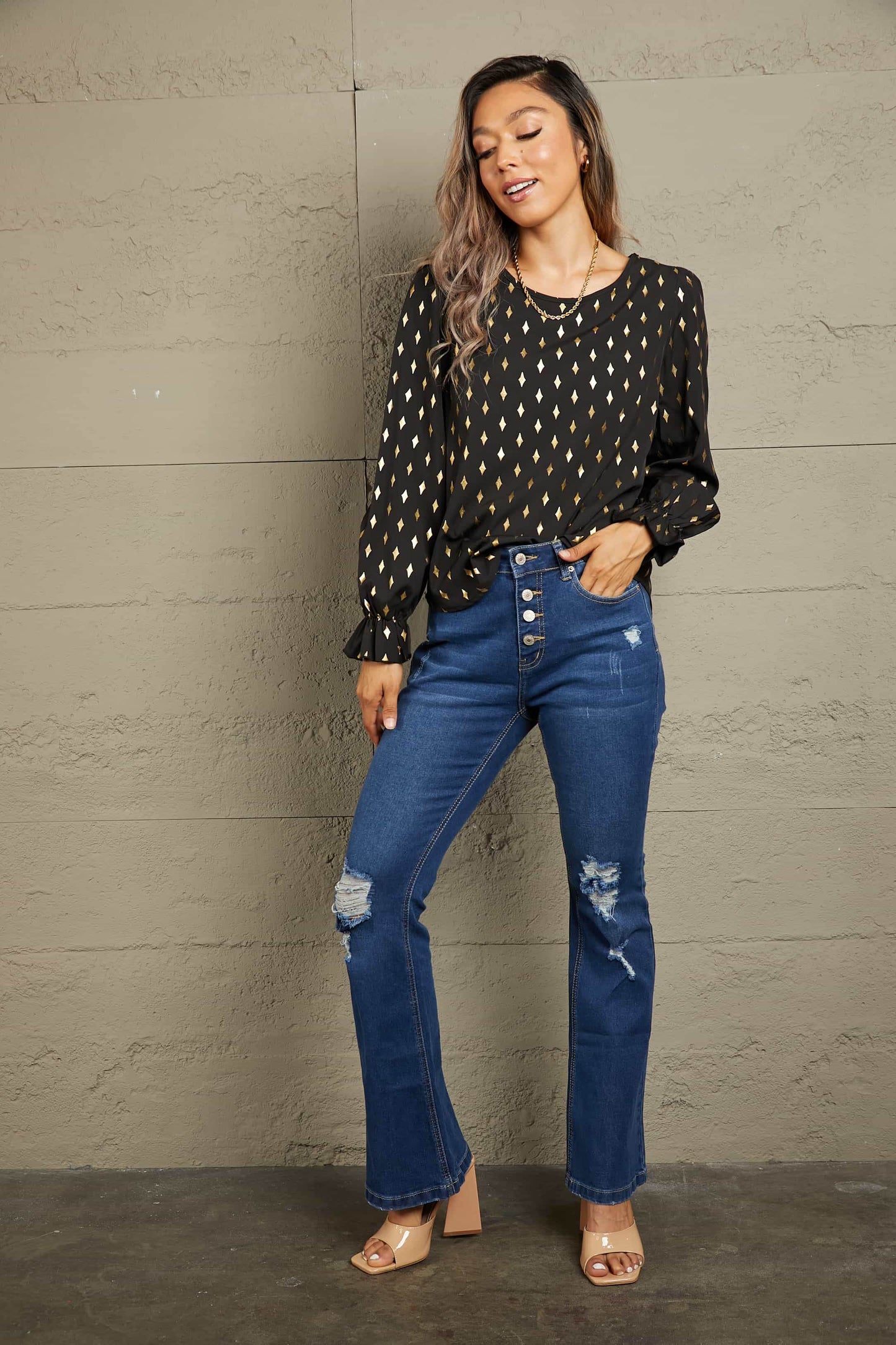 Perfee Printed Round Neck Flounce Sleeve Blouse Trendsi 6eee46385c4c4201bf5be78809ba9992-Max
