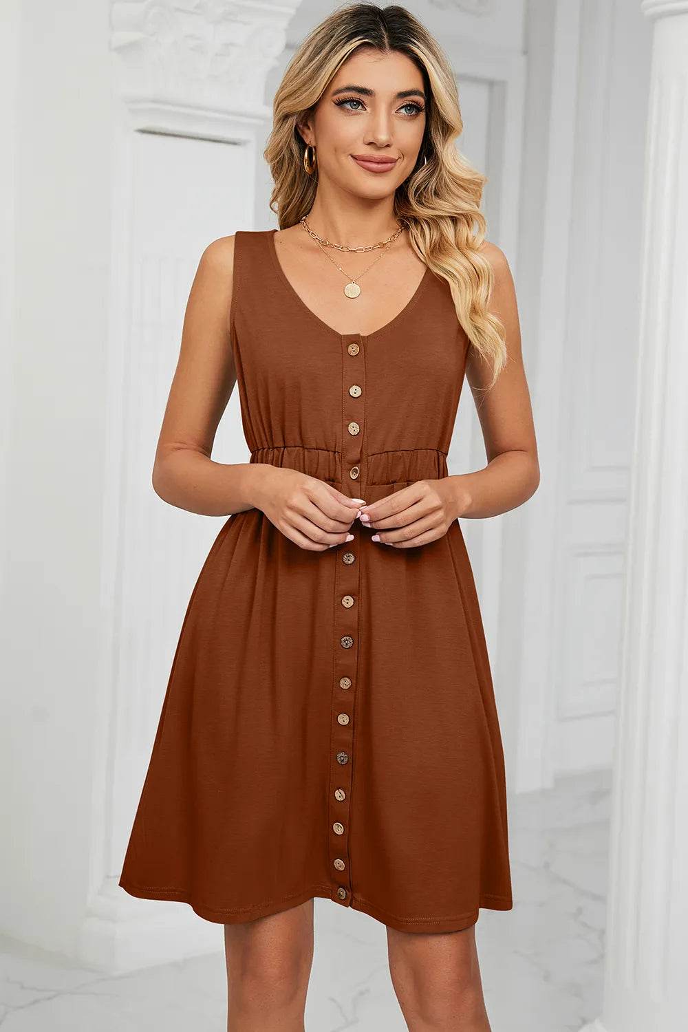 Buttoned Wide Strap Mini Dress Caramel Trendsi 6f2a048a-398c-49c7-86bb-b437b615e3f2-Max