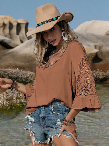 Openwork V-Neck Flounce Sleeve Blouse Trendsi 6f57627a7b224d5b89e76a0b59ee3e84-Max