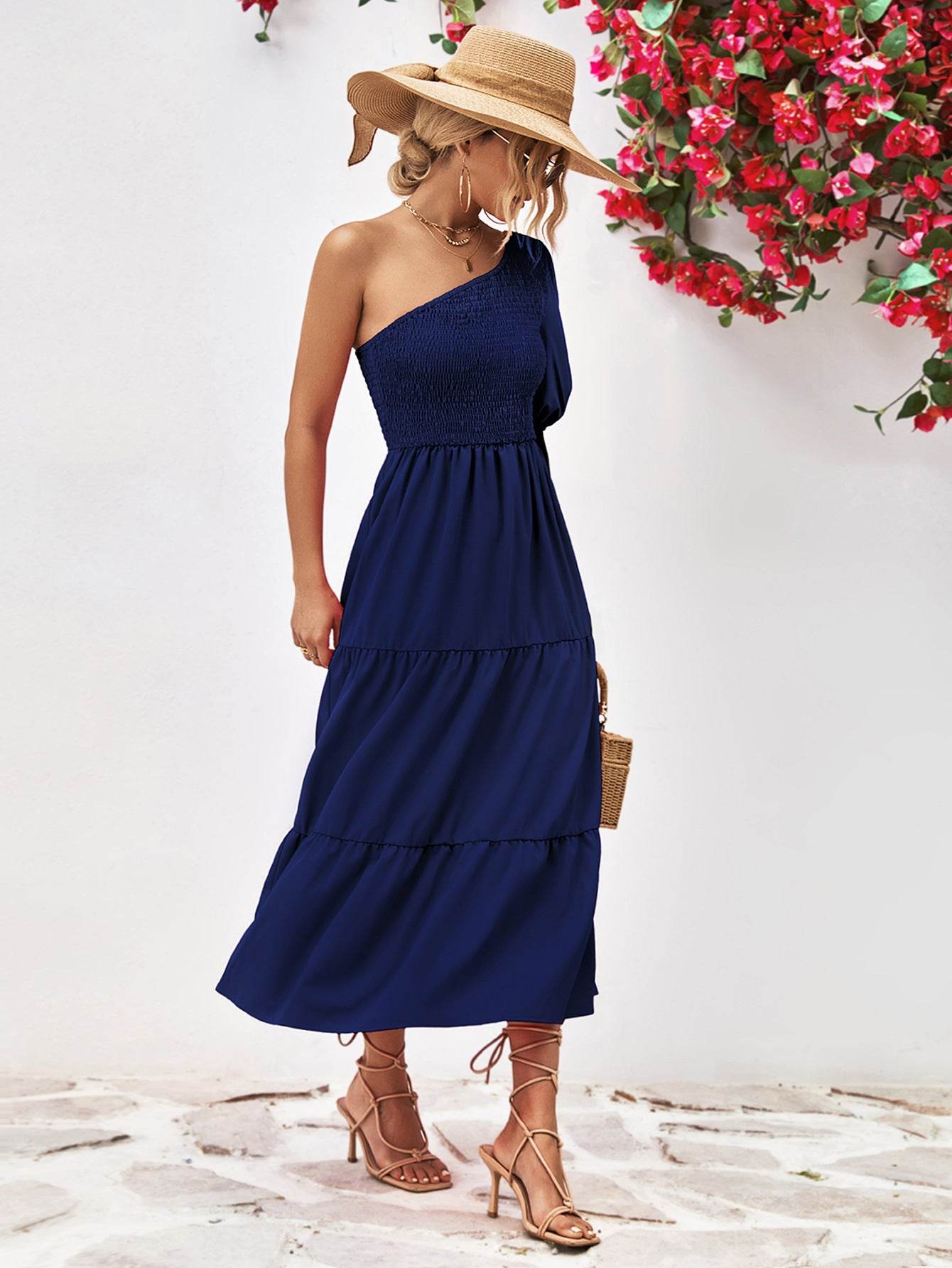 Smocked One-Shoulder Midi Dress Trendsi 6f60fa17db29433fbfacd30b5fd400a2-Max