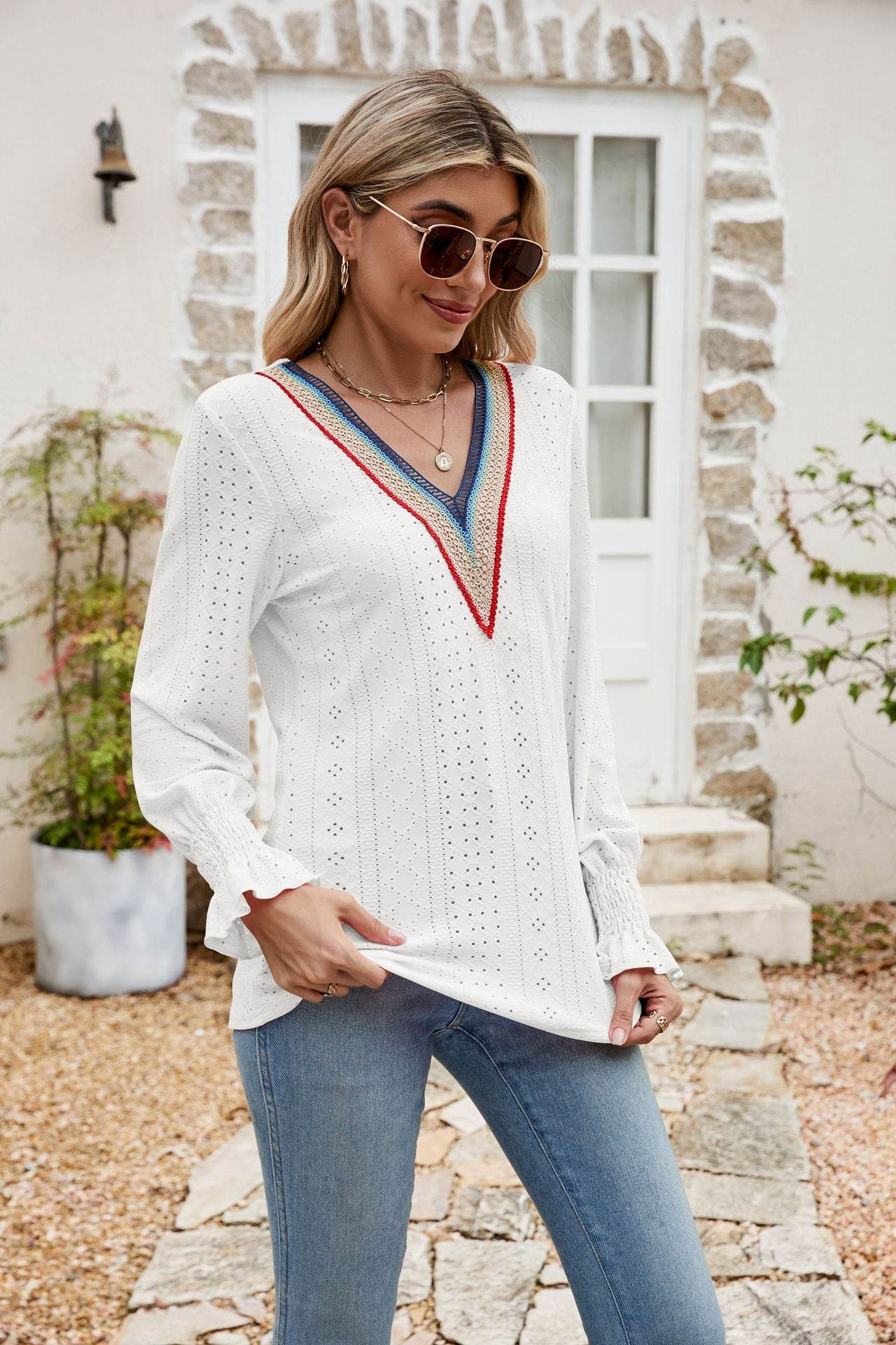 Eyelet Flounce Sleeve V-Neck Blouse Trendsi 6f7b1e333176474592644e8858ab9f48-Max