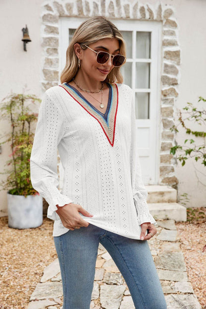 Eyelet Flounce Sleeve V-Neck Blouse Trendsi 6f7b1e333176474592644e8858ab9f48-Max