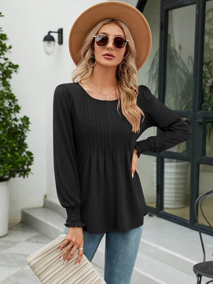 Smocked Round Neck Lantern Sleeve Blouse Black Trendsi 6f8b35975531418a8718ae9e213cd844-Max