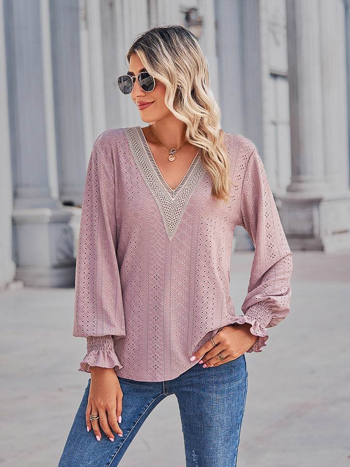 V-Neck Eyelet Flounce Sleeve Blouse Trendsi 6f8b362347f2479aa9868ae157e1641b-Max