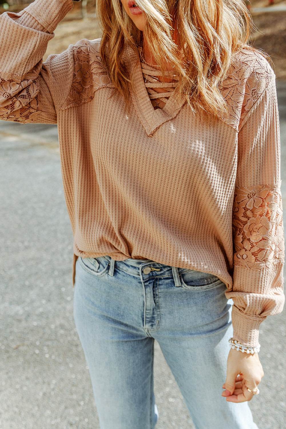 Crisscross V-Neck Waffle-Knit Top Trendsi 6fb419e67bde477ea064b9b270280fe3-Max