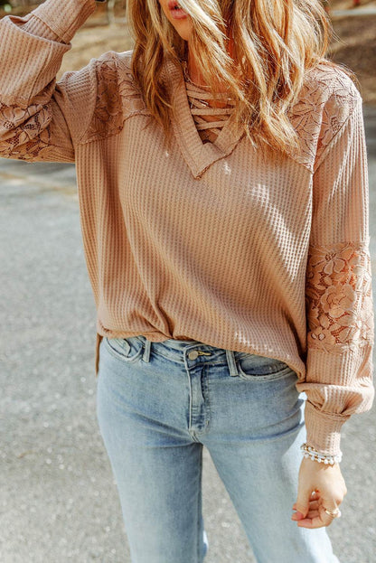 Crisscross V-Neck Waffle-Knit Top Trendsi 6fb419e67bde477ea064b9b270280fe3-Max