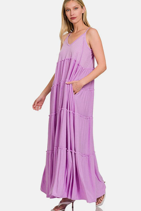 Zenana Frill Tiered V-Neck Maxi Cami Dress BLAVENDER Trendsi 6fecd610-2928-471d-b6fb-6df6fb89b6e9-Max