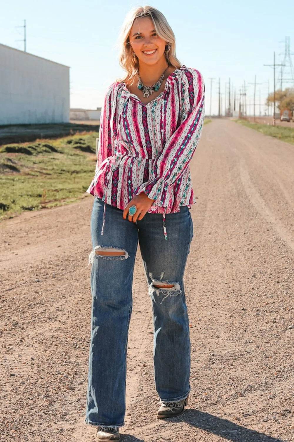Multicolour Western Print Split Neck Peplum Blouse Trendsi 6ff2eb6d0cc74b65853aedb654560801-Max