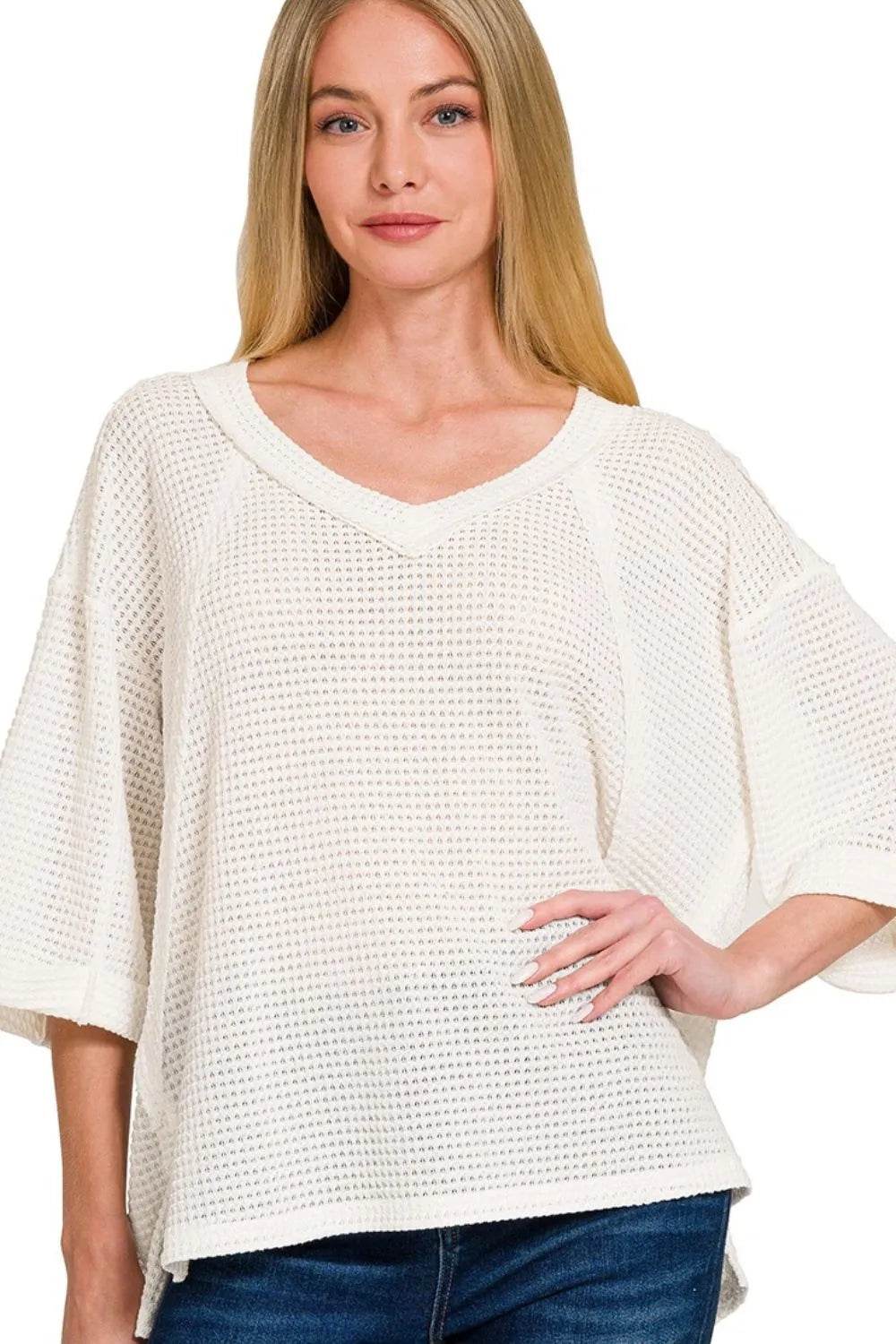 Zenana Brushed Waffle Exposed-seam 3/4 Sleeve Top OFF WHITE Trendsi 70070c6c-638b-49b3-8e44-bf567d8e2e2a-Max-Origin