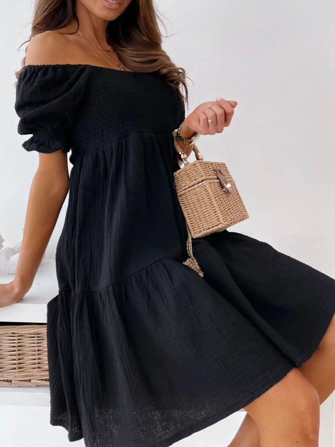 Smocked Off-Shoulder Mini Dress Trendsi 7009ebef-6d65-4de9-bbbb-7640d7920e48-Max-Origin